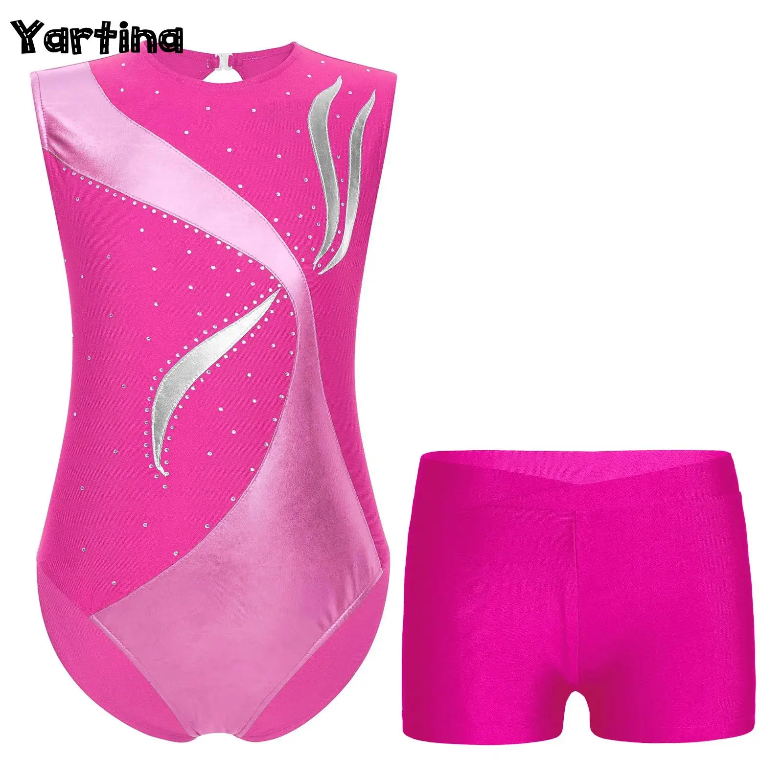 Girls Gymnastics Ballet Jersey Leotard Costume Dance Wear Metallic Shiny Rhinestones Skating Bodysuit with V-front Shorts