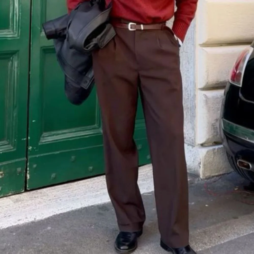 

Мужские брюки с плоской передней частью, прямые брюки, свободный крой, повседневные брюки, удобные дышащие деловые повседневные офисные брюки, официальные платья