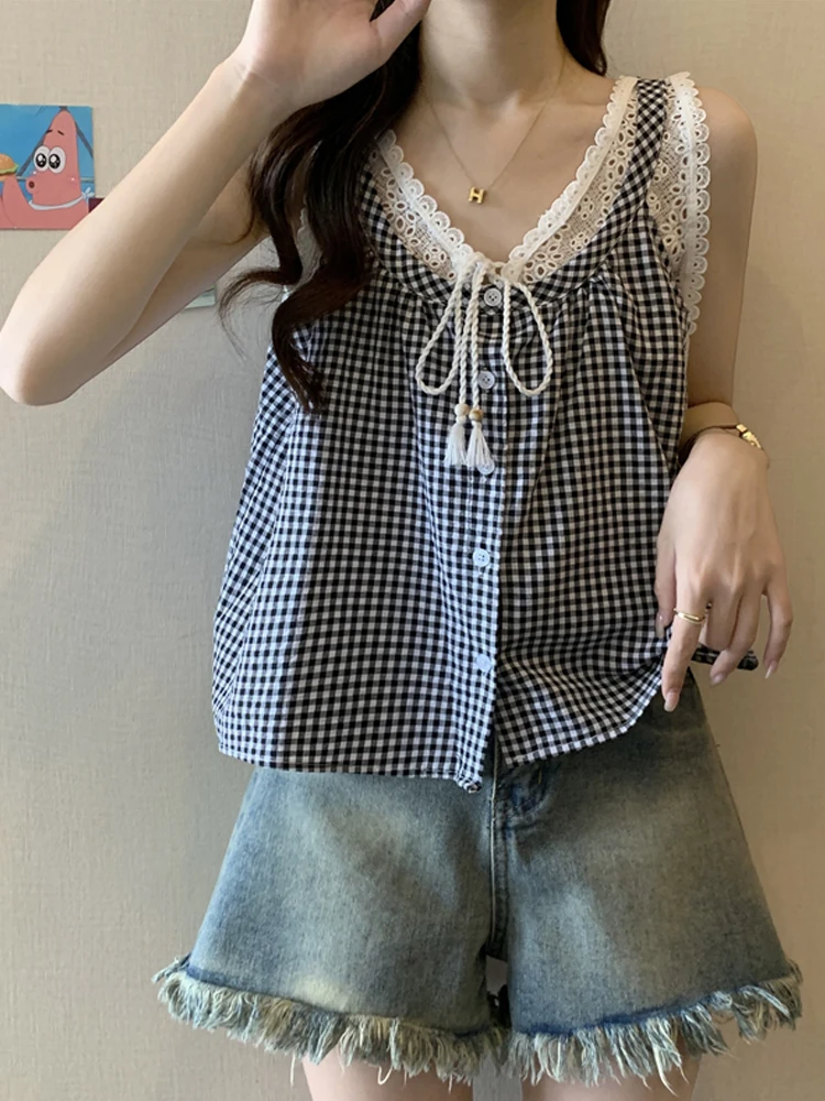 Sommer Plaid Spitze Weste irt frauen Design Sinn ature Oberbekleidung ort Svel Top Koreanische Sle Lose Fit Taste Detail