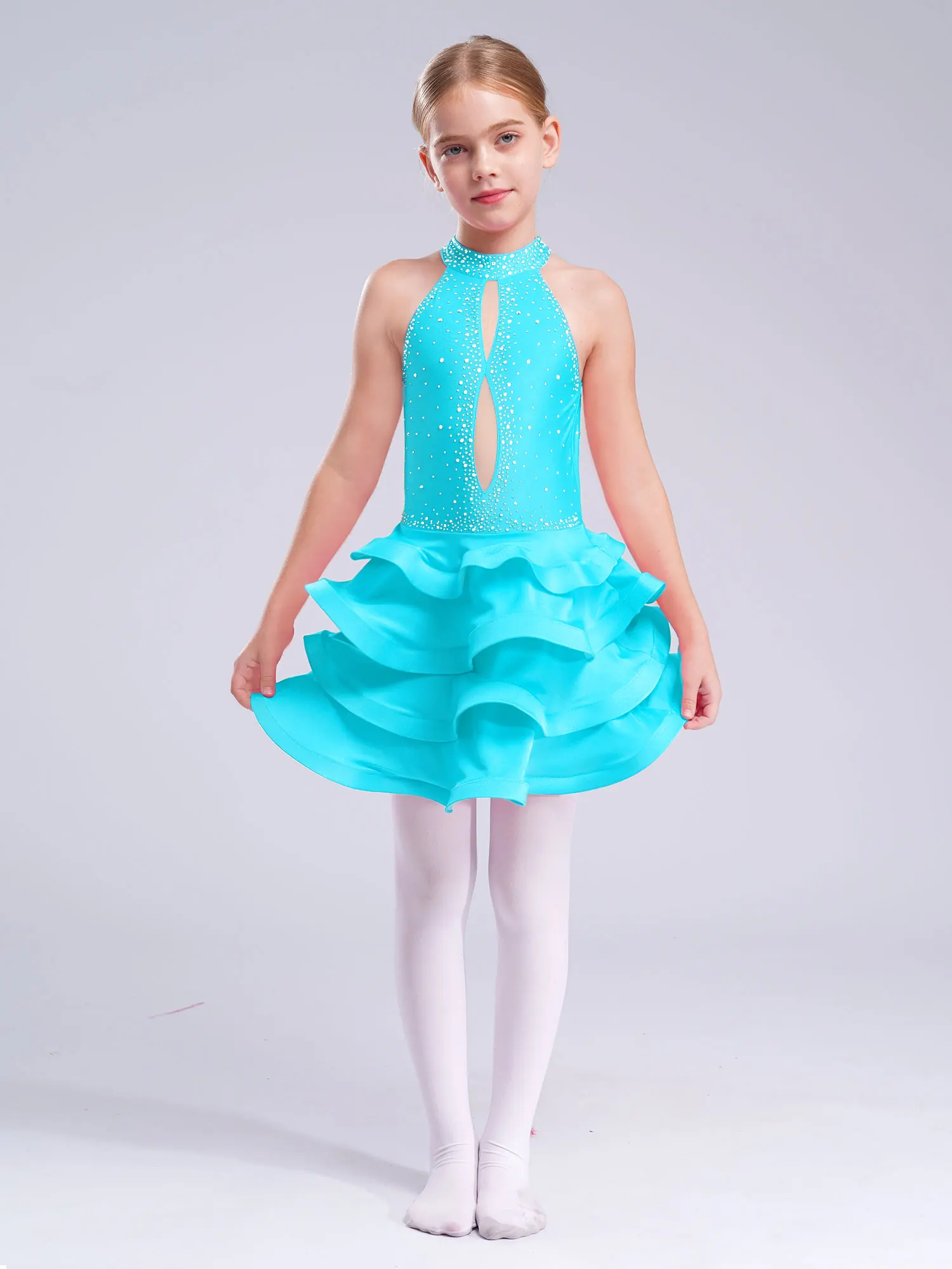 Crianças meninas moderna jazz dança tango traje de dança latina desempenho dancewear vestido sem costas brilhante strass em camadas vestido