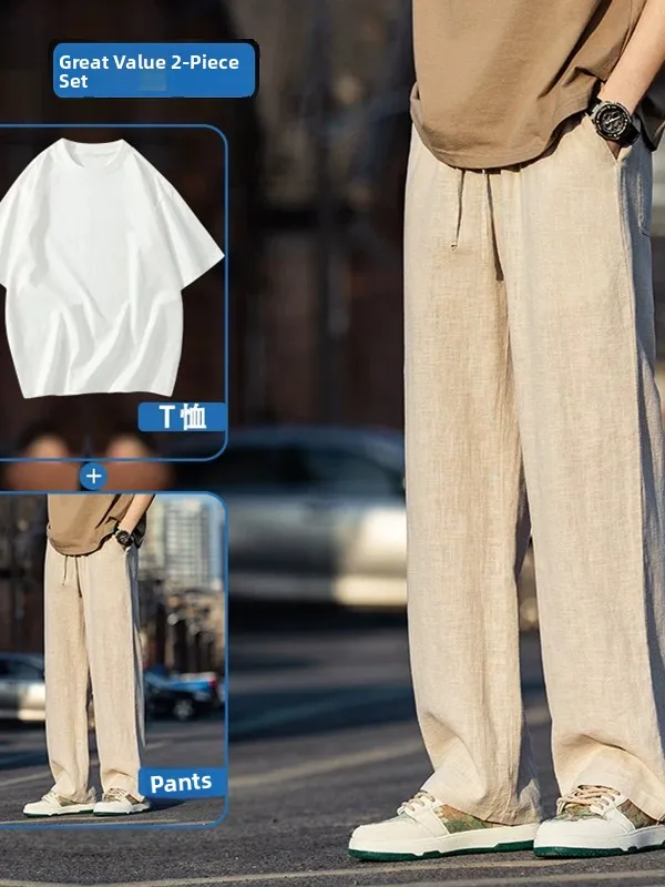 

Летний льняной комплект: мужские тонкие свободные прямые повседневные брюки и спортивный комплект из двух предметов с однотонной футболкой
