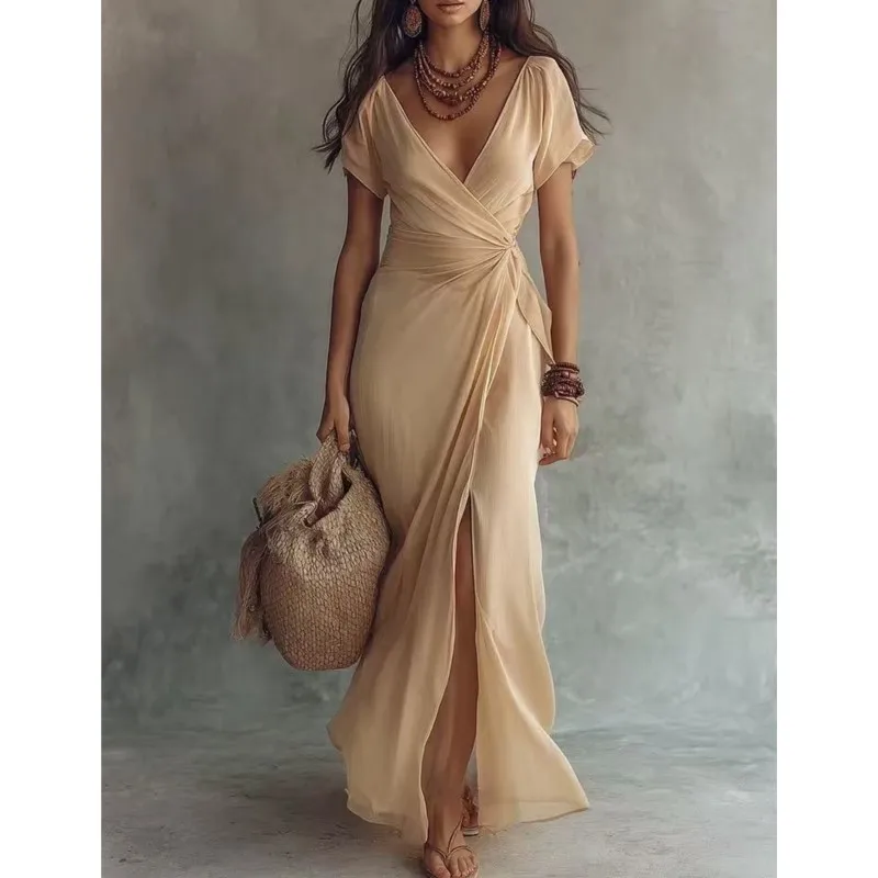 

Fashion Vacation Women Dress Solid color Wrapped Lace-up V Neck Short-sleeved Slit Chiffon Formal Irregular Party Long Dresses