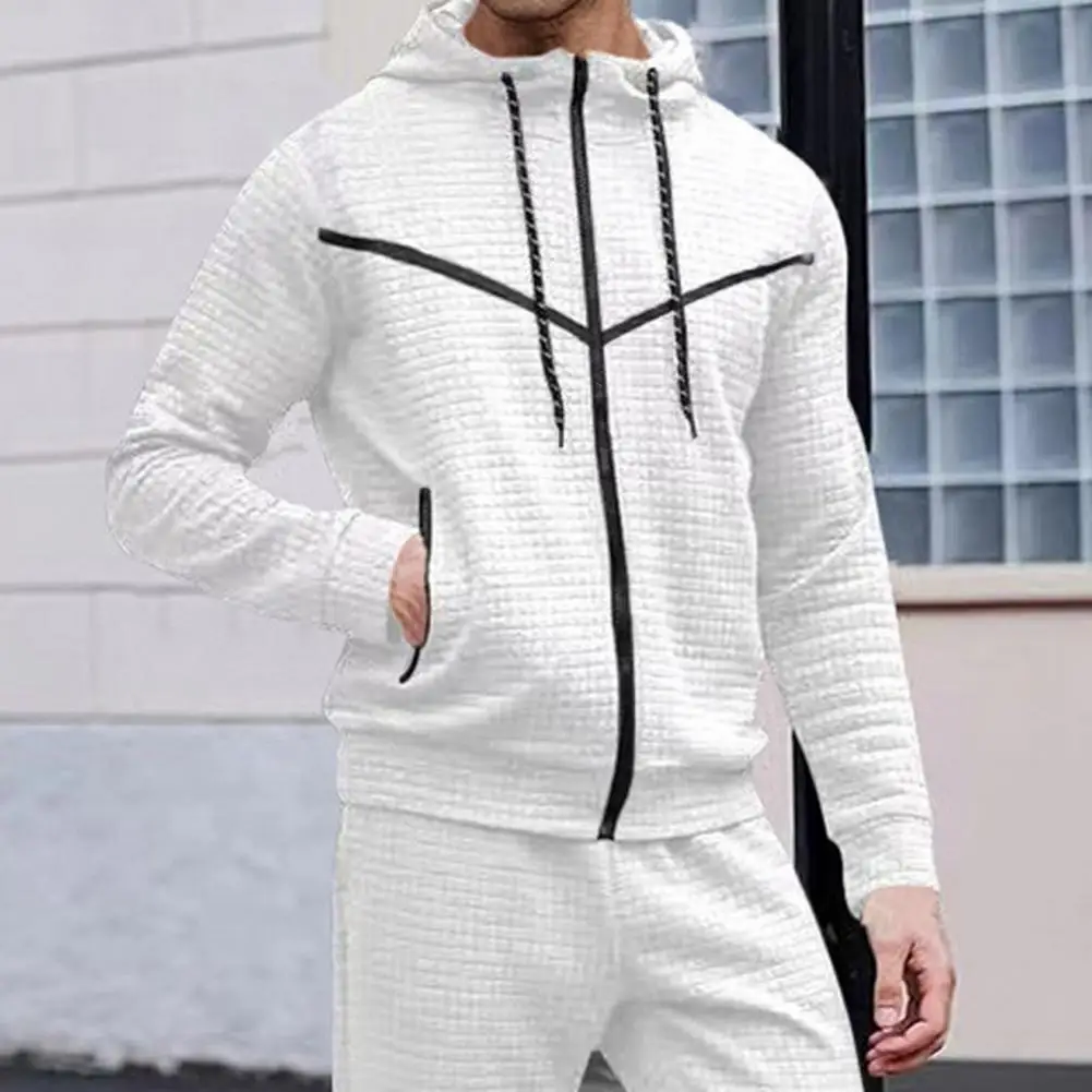 

Men Solid Color Sweatshirt Men's Autumn Winter Sportswear Set Hooded Sweatshirt with Zipper Placket Waffle Texture for Outdoor