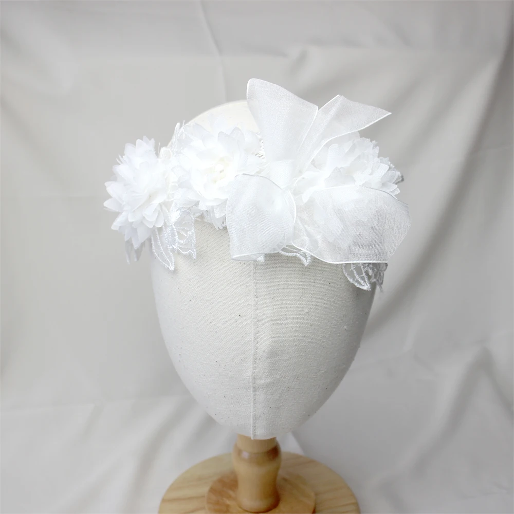 Weiße Spitze Chiffon Blumen Stirnband Baby Mädchen Blumen Turban Prinzessin Mesh Floral Perle Neugeborenen Haar Blume Photoprop Kopfbedeckung – Detail 2
