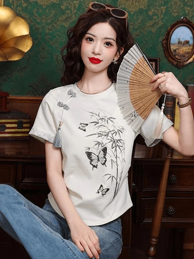 

Chinese Sle ort Sve T-irt Women's Summer 2024 New Design Sensation ort Top Faionable round Ne Regular Fit