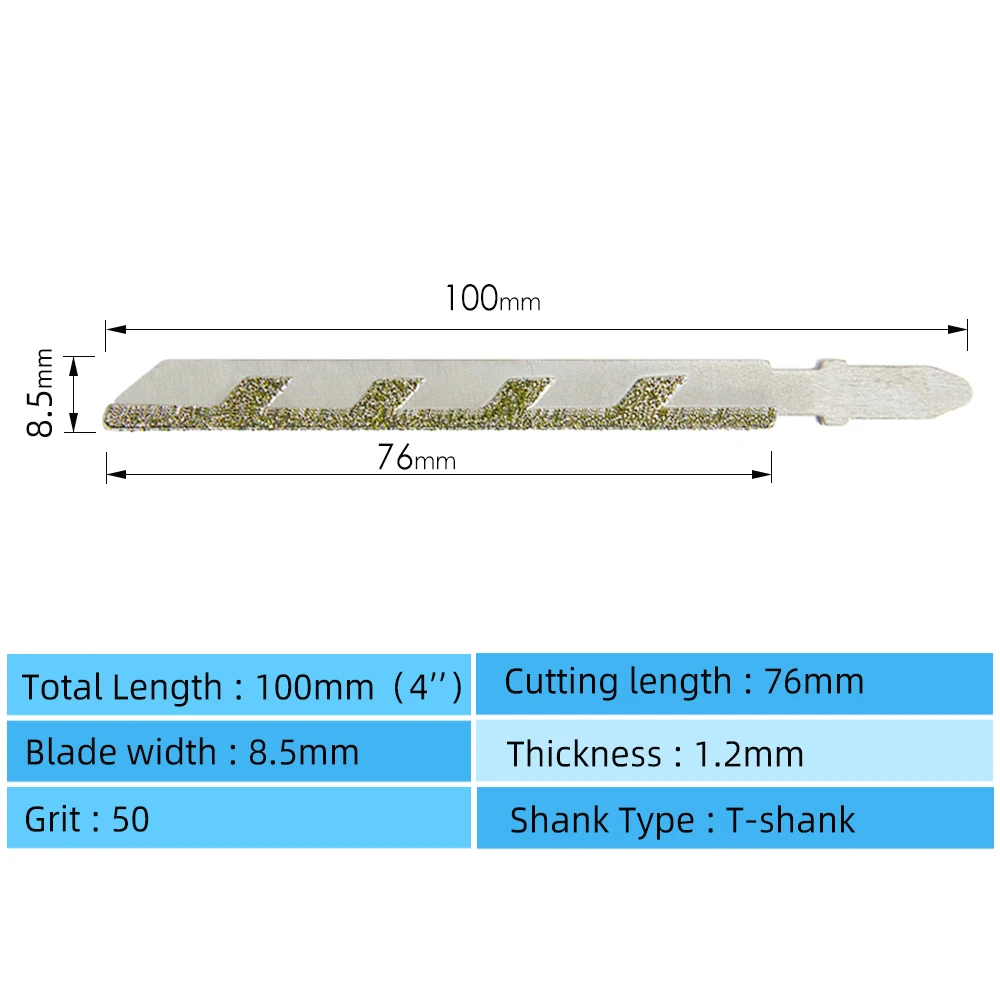 5pcs 100mm Jig Saw Blades Diamond Coated for Tile Cutting T-shank Grit 50 Power Tools Accessories