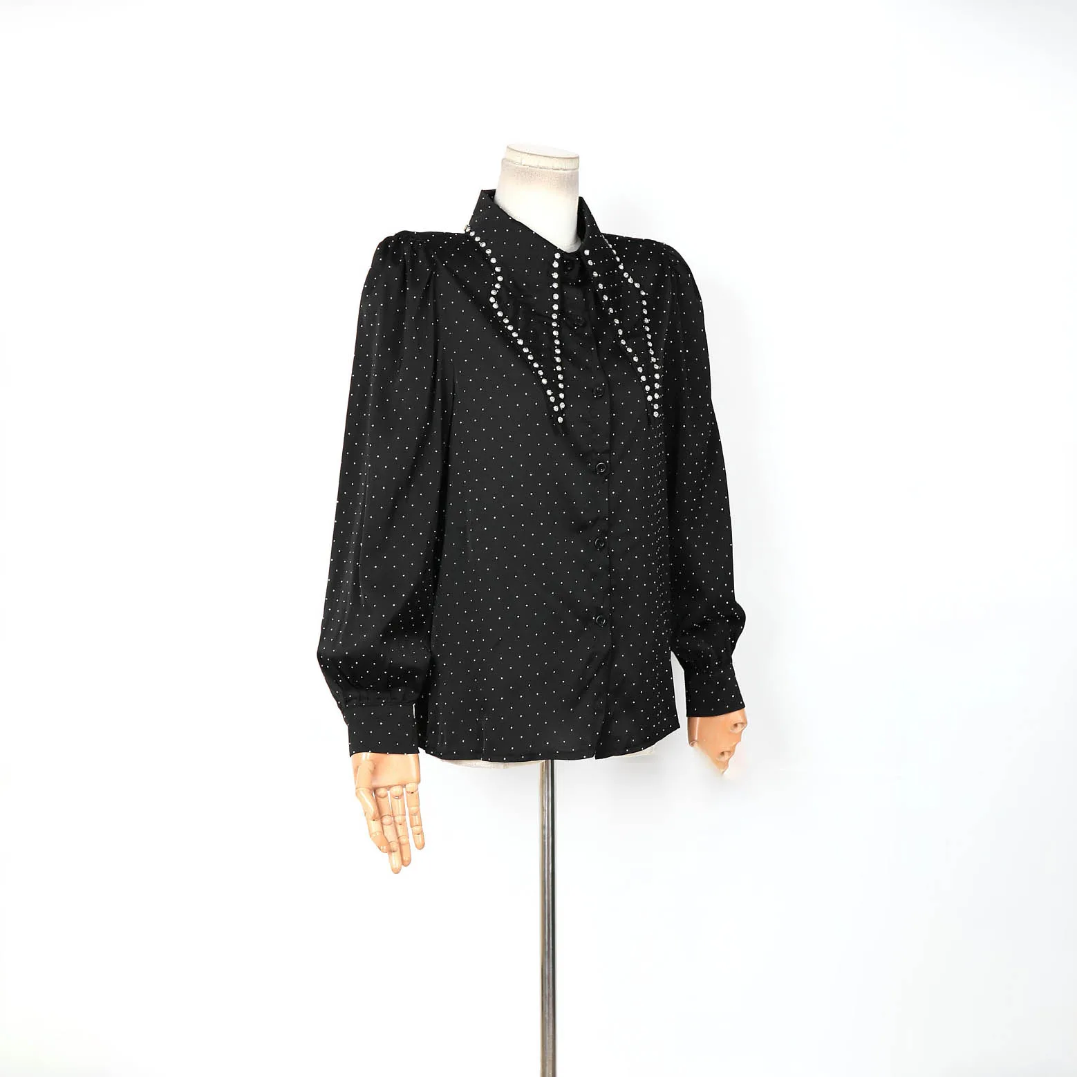 Hot 2025 Spring Women's Black Polka Dot Blouse with Pearl Embellished Collar Puff Sleeve Button Down Elegant Casual Shirt