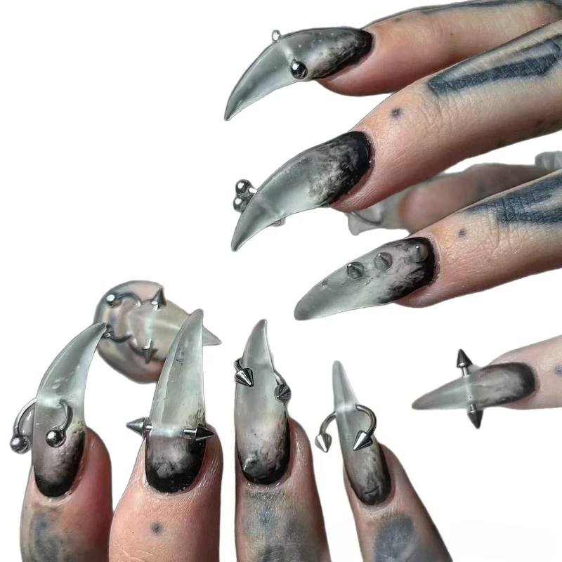 10 pezzi sfumato fumé scuro stampa fatta a mano sulle unghie punk gotico artiglio di drago artiglio di animale unghie finte rimovibili riutilizzabili
