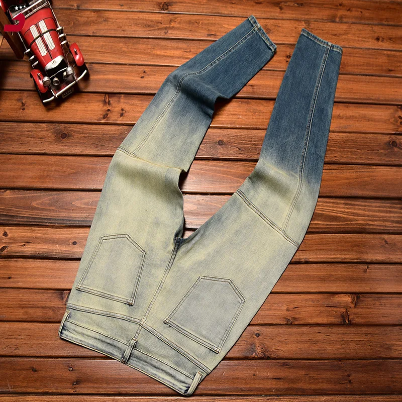 Retro gradient jeans for men 2024new autumn fashion high-end fashion slim fit skinny locomotive style nostalgic denim long pants