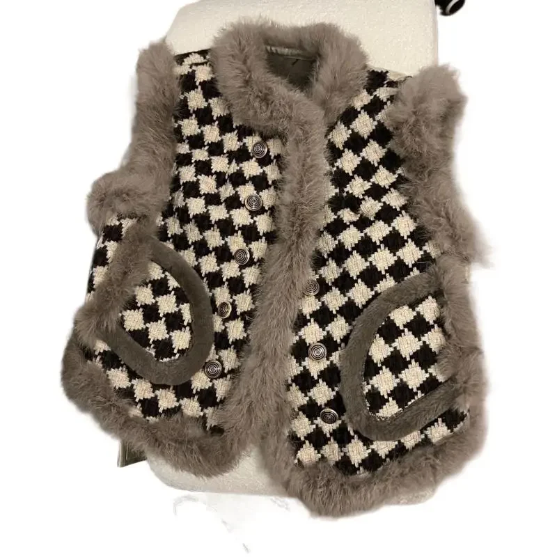 Chaleco con Cuello de piel para mujer, Tops informales holgados con botones, chaleco cálido con bolsillo, prendas de vestir exteriores Vintage para mujer, otoño e invierno, 2024