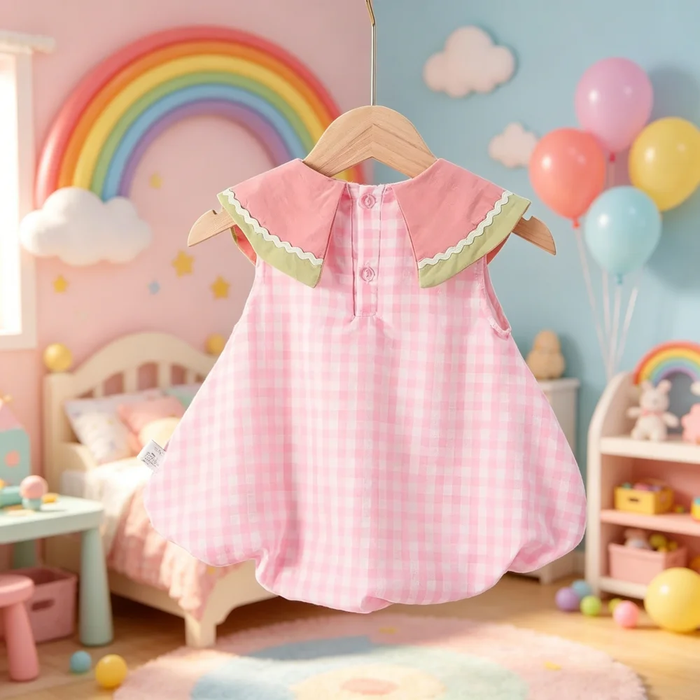 Baby Girl Cotton Bodysuit, Sleeveless Summer Infant Outfit with Watermelon Peter Pan Collar Adorable Gingham Bubble Onesie