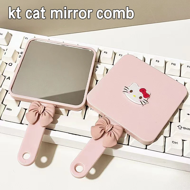 Portable Sanrio Bow Cute Hello Kitty Pink Mirror Comb Handheld Mirror Comb Extracted Integrated Hair Brush Massage Styling Tool