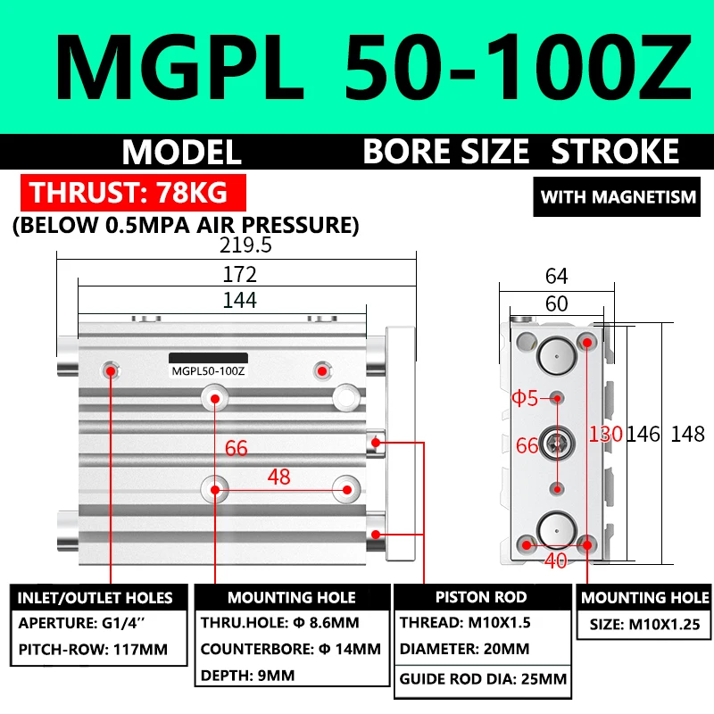ABILKEEN MGPL50-100Z MGPL Pneumatic Compact Guide Cylinder 50MM Bore X 100MM Stroke Three Axis Three Rod Thin Air Cylinder