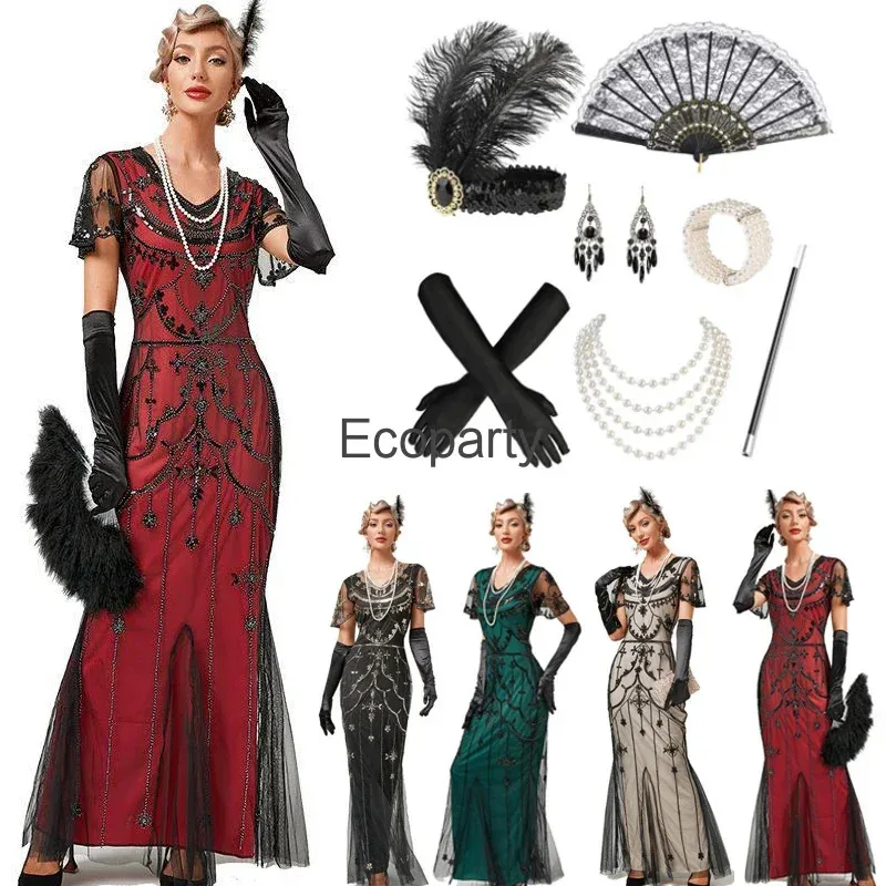 

New1920s Great Gatsby Flapper Элегантное ретро длинное платье с короткими рукавами и пайетками Женские вечерние платья 1; s'6, y; 9'b,5;