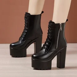 14cm Small Size 32-43 Elegant Thick Bottom Genuine Leather Shoes Platform Boots 2024 Block High Heels Ankle Boots Model Office