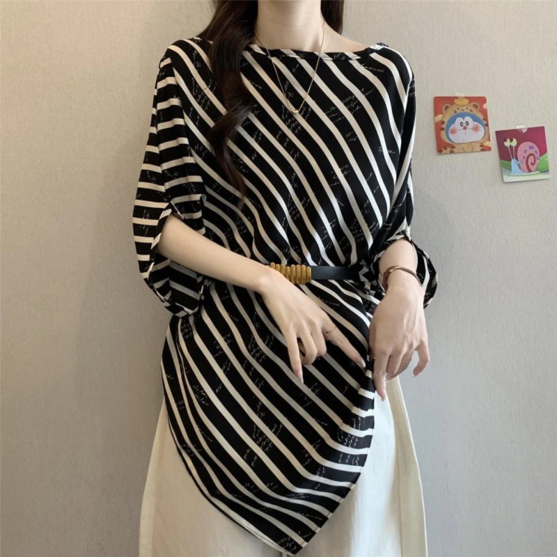 Wiosna Lato Duży Rozmiar Szyfonowa Koszula Damska 2025 Nowa Moda Luźna Codzienna Koszula w Paski z Paskiem w Talii Elegancka Bluzka Damska