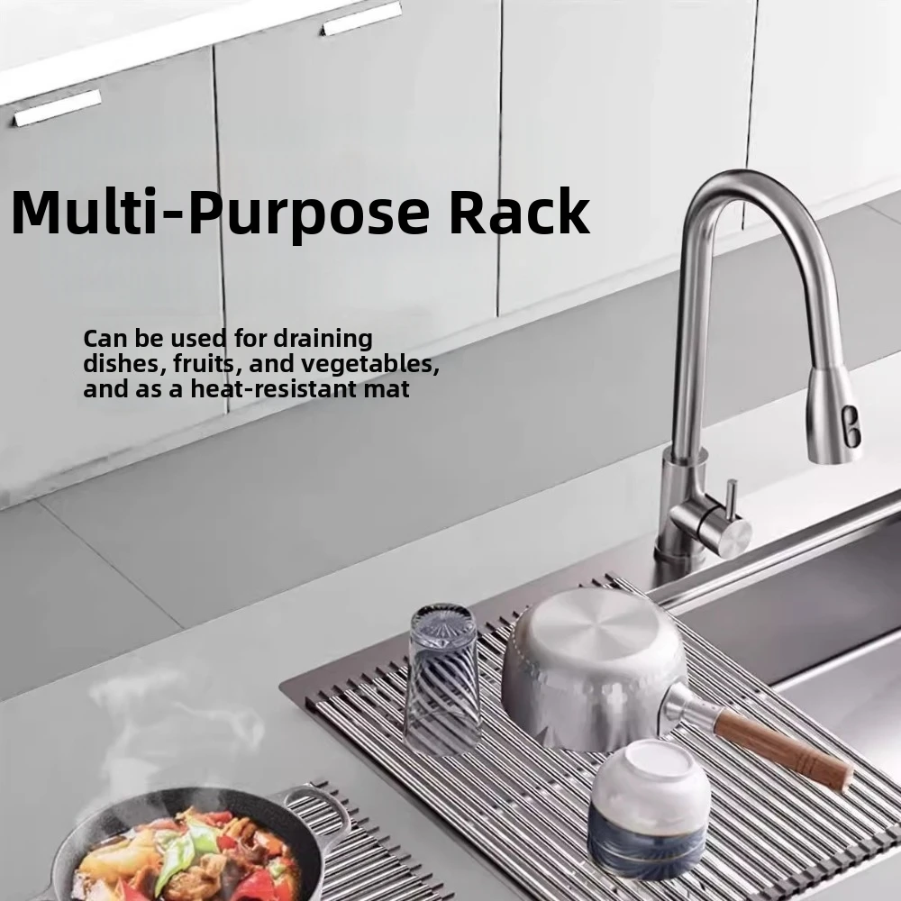 Rustproof Sink Drain Rack Space Saving Easy Clean Drain Pad Multi-Functional Foldable Kitchen Sink Organizer Over Sink