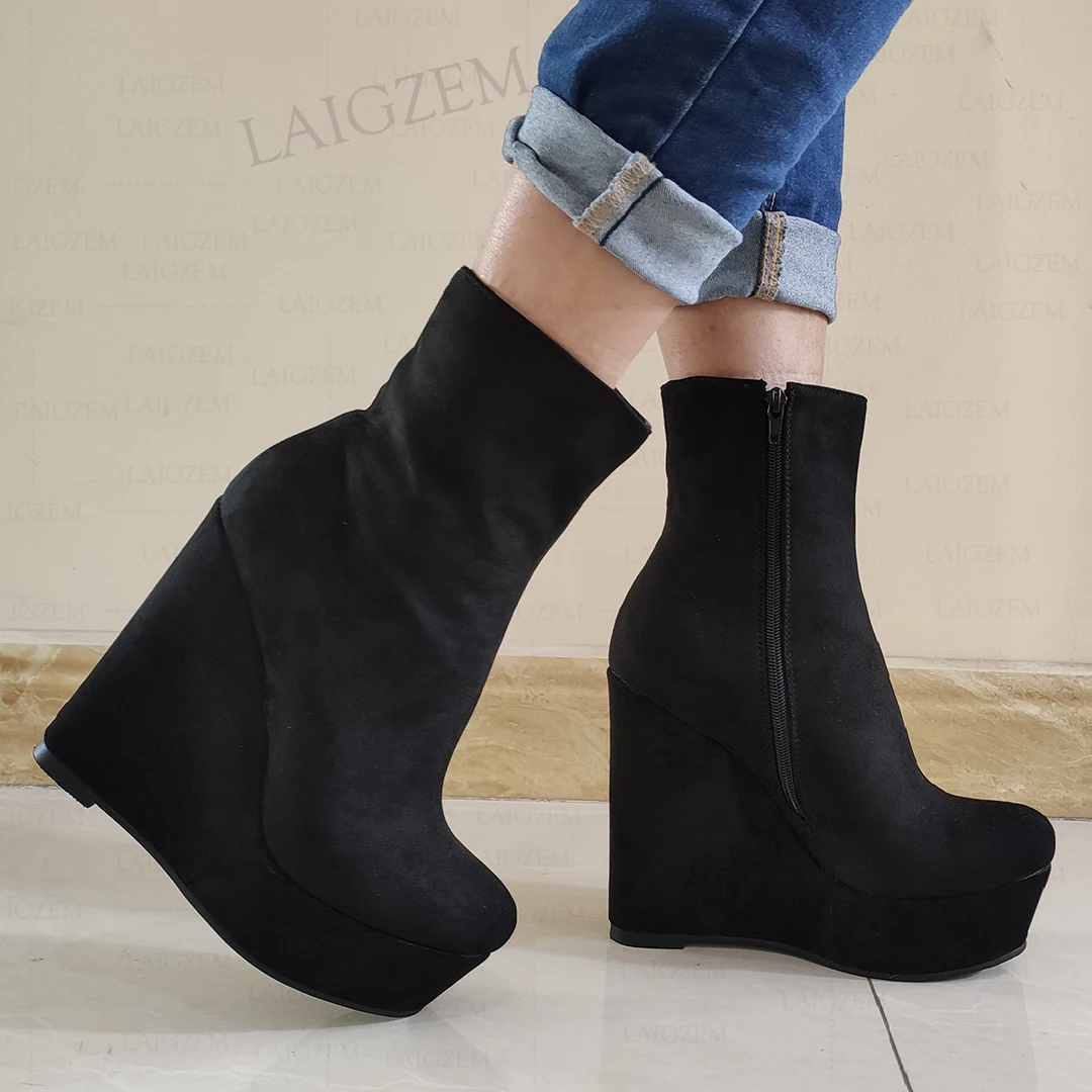 LAIGZEM Women Ankle Boots Faux Suede Platform Wedges Side Zip Short Booties Ladies Height Increase Shoes Woman Big Size 44 46 52