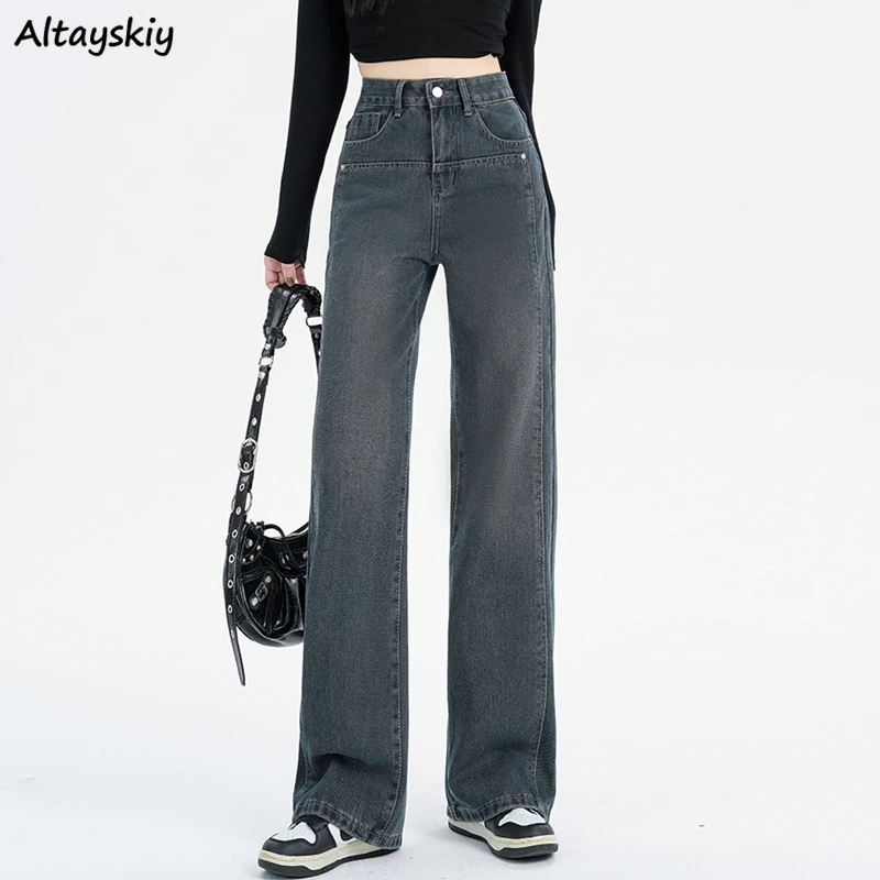 

Denim Jeans Women Vintage Baggy Trousers Pockets Patchwork Popular Autumn All-match High-waist Personality Sporty High Street