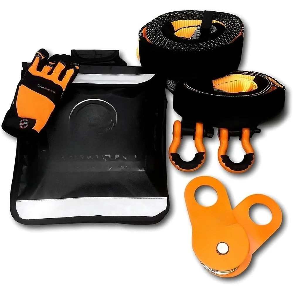 توصيل مجاني - مجموعة أدوات الاسترداد على الطرق الوعرة من GearAmerica، 9 طن، تتضمن حزام سحب، وحفظ شجرة، وبكرة كتلة الخطف، وأغلال حلقية على شكل حرف D