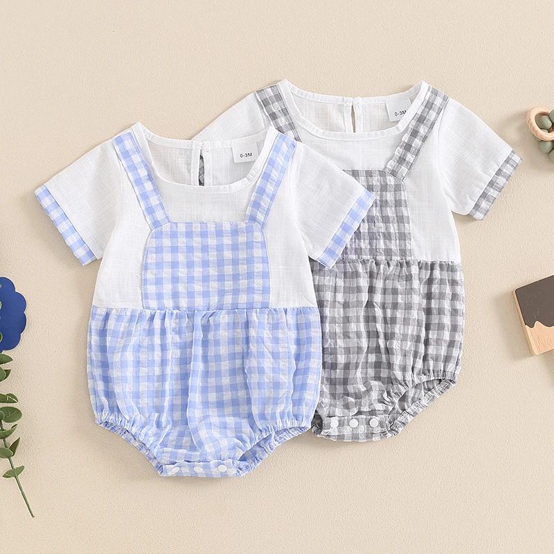 

2024-04-15 Lioraitiin Baby Boys Girls Romper Classic Plaid Print Short Sleeve Crew Neck Patchwork Bodysuit Playsuit