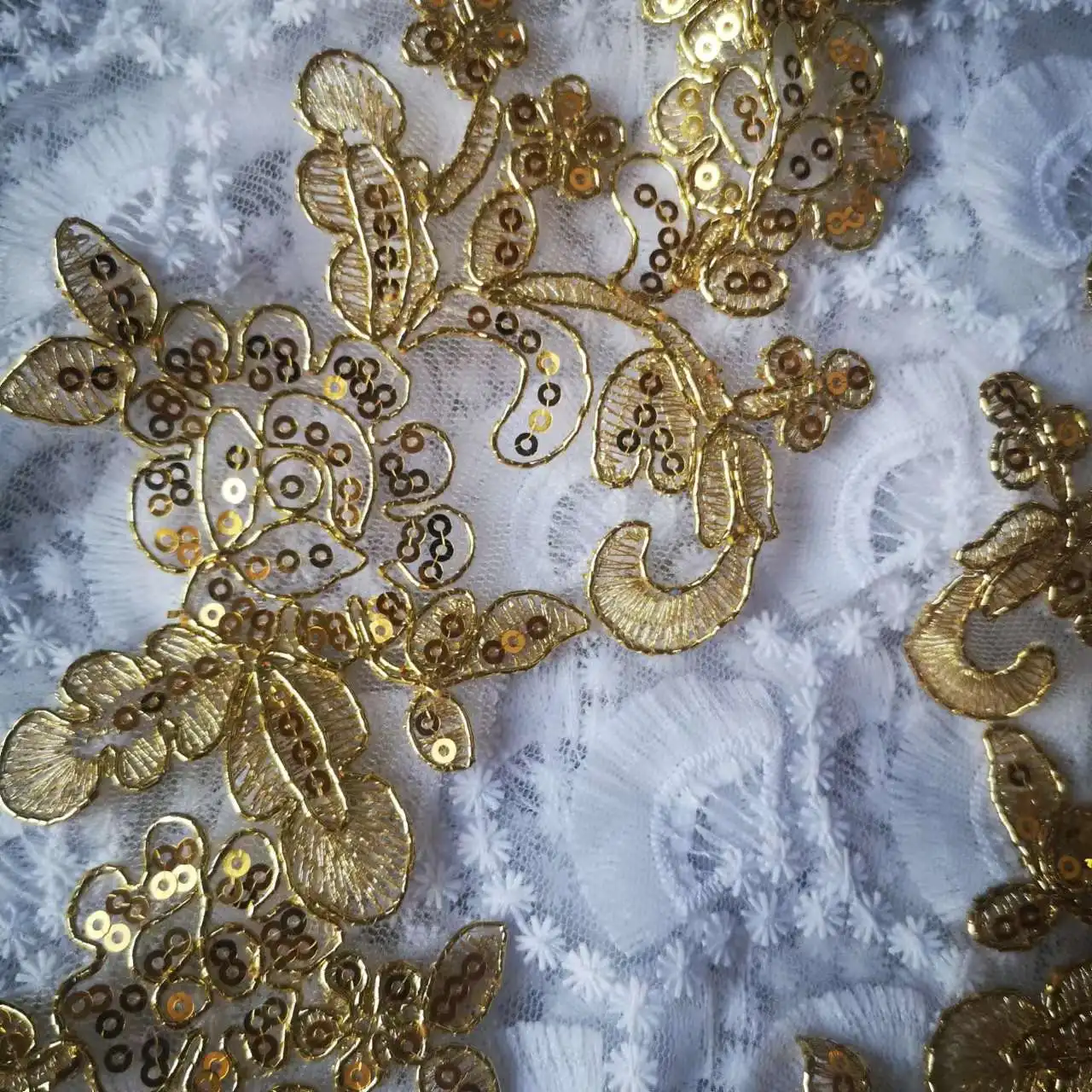 2Pairs/4Pcs Gold Glitter Lace Applique Flower Sequin Lace Fabric For Garment Wedding Accessories Cloth DIY Craft 26X9cm