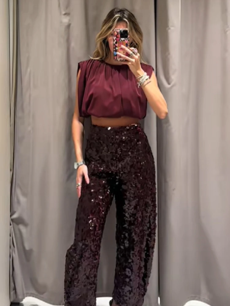 Conjunto de duas peças de lantejoulas brilhantes, feminino, gola redonda, bainha peluda, regata, calças compridas soltas, nova moda sexy, roupas de festa para mulheres, 2025