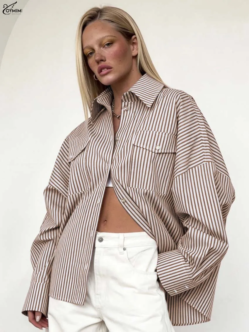 Oymimi Fashion Brown Print Woman Blouses Elegant Turn-Down Collar Long Sleeve Blouses Autumn Button Pockets Shirts Streetwear