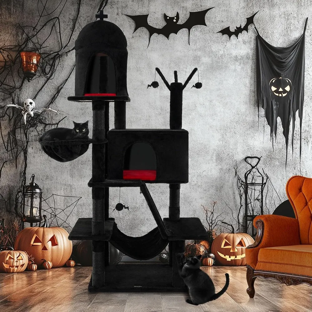 Gothic-Style 67 Tall Multi-Level Cat Tree with Scratching Posts, Ladder, and Hanging Toys for Spooky Playtime