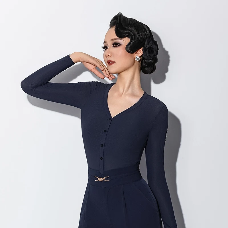 V-neck Long Sleeve Top High Waist Pants Suit Waltz Costumes Modern Dance Clothing Ballroom Dress Practice Training Wear DN21832