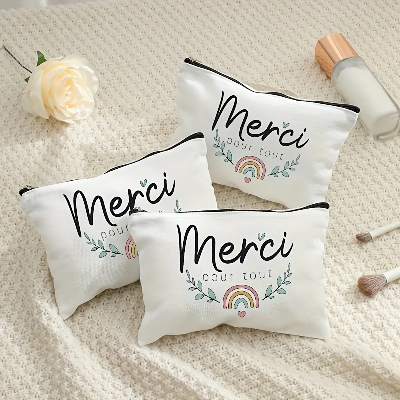 1pc Merci Pour Tout Frenchie Makeup Bag - Lightweight Cosmetic Pouch with Zipper, Travel Toiletry Organizer
