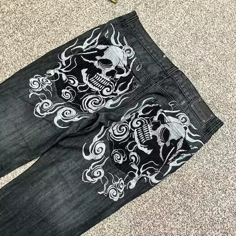 Streetwear Fashion Trend Skull Embroidered Jeans Men Harajuku Y2K New Hip Hop Joker Straight Wide-leg Pants Couple Casual Jeans
