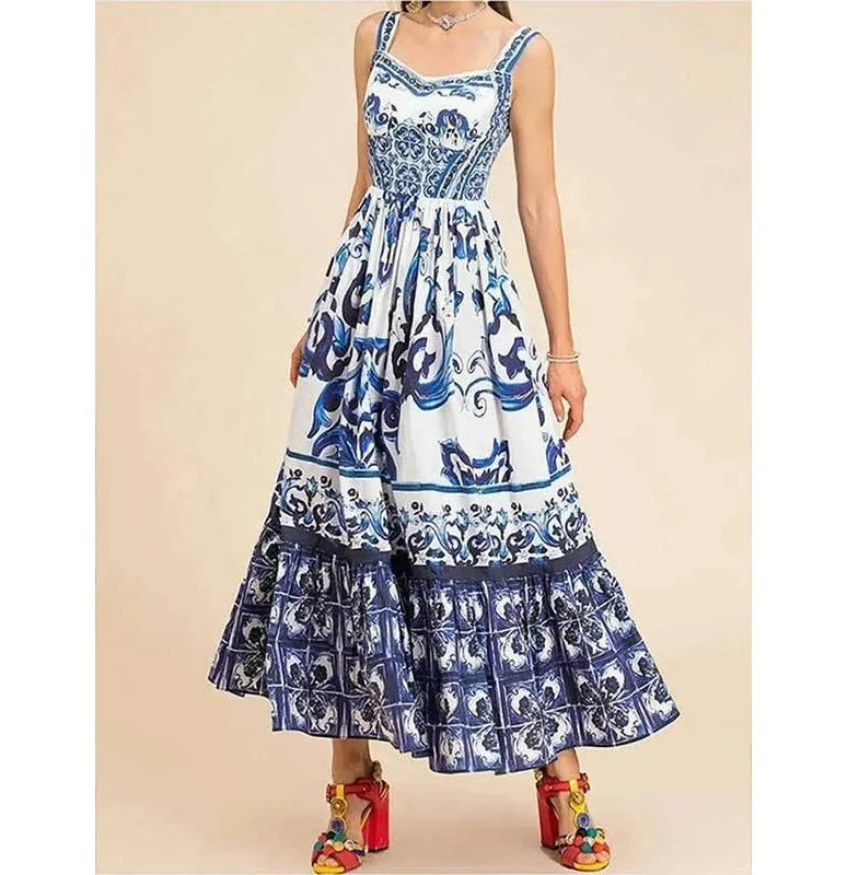 Novedad de verano, vestido sin mangas estampado a la moda para mujer, ropa de calle, vestidos plisados elegantes con cuello Halter, ropa femenina