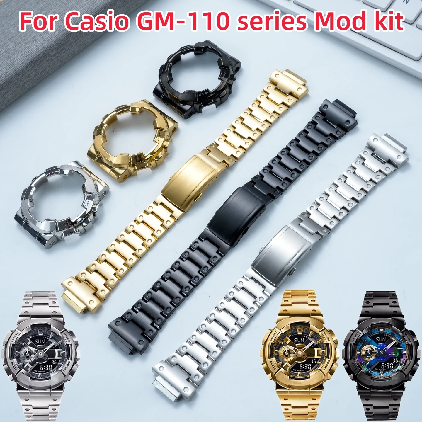 Kit de Modificação GM110 para Relógio Masculino Casio G-Shock GM-110 Small Steel Cannon, atualização com caixa e pulseira de aço inoxidável sólido, preto e dourado.