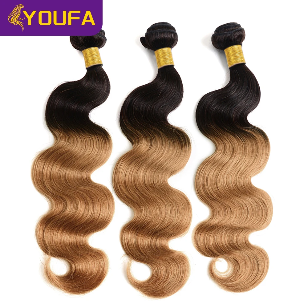 YOUFA 30 Inch Honey Blonde Body Wave Human Hair Bundles Brazilian Body Wave Ombre 1B #27 Light Blonde Human Hair Weave Bundles