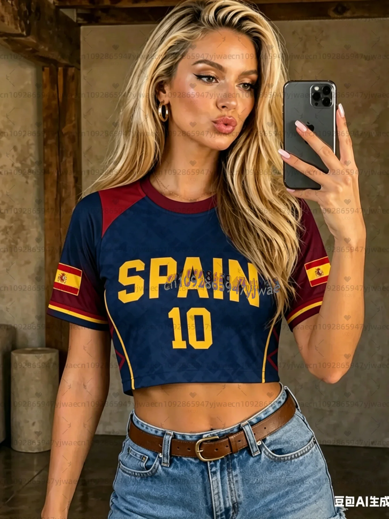 2026 MEN Women Cheerleaders Crop Sexy Y2k Top SPAIN NO.10 Soccer O-Neck Short Sleeve Jersey T-Shirt Tees Hip Hop T-Shirt