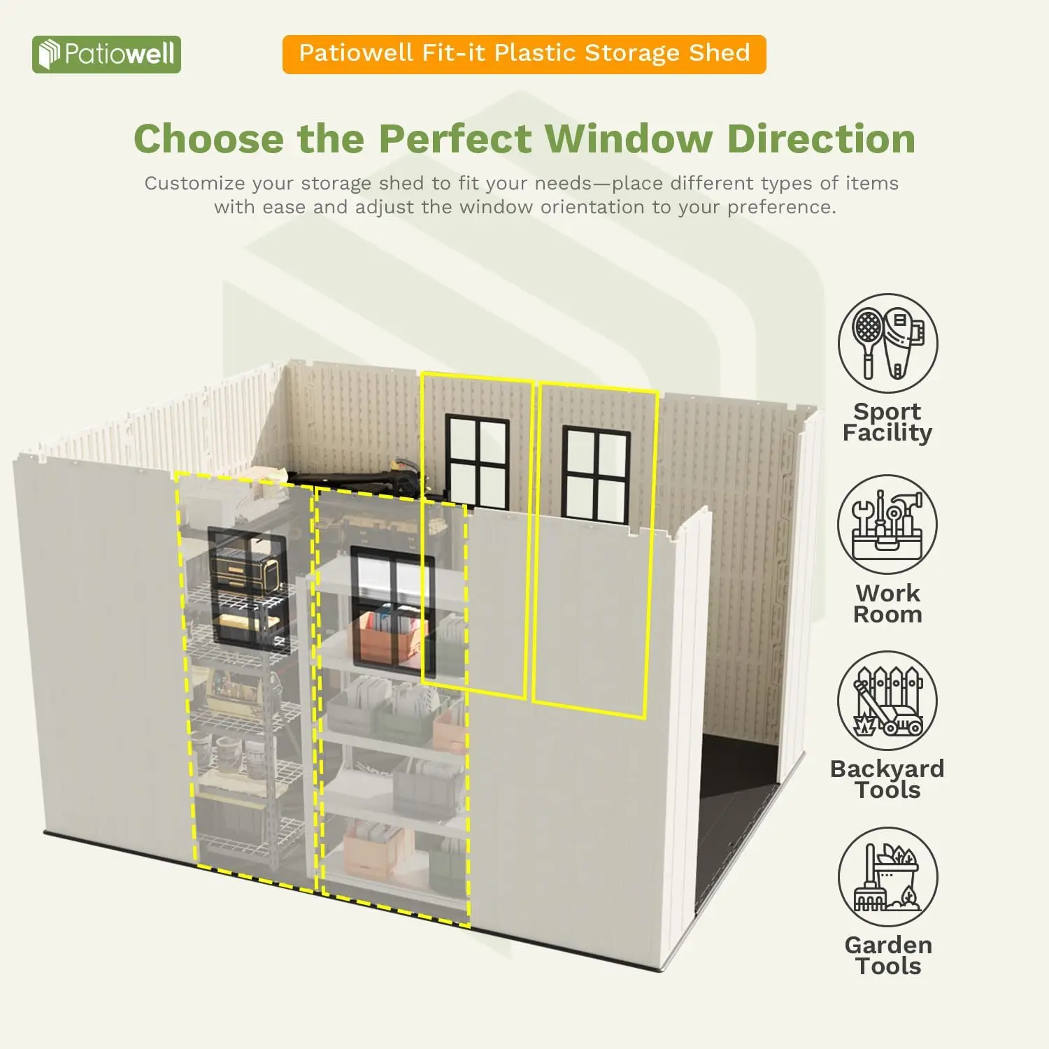 سقيفة بلاستيكية مقاس 8 × 10 أقدام، سقيفة تخزين خارجية مع أرضية، سقيفة أدوات حديقة من الراتنج، باب قابل للقفل ونفذين للفناء