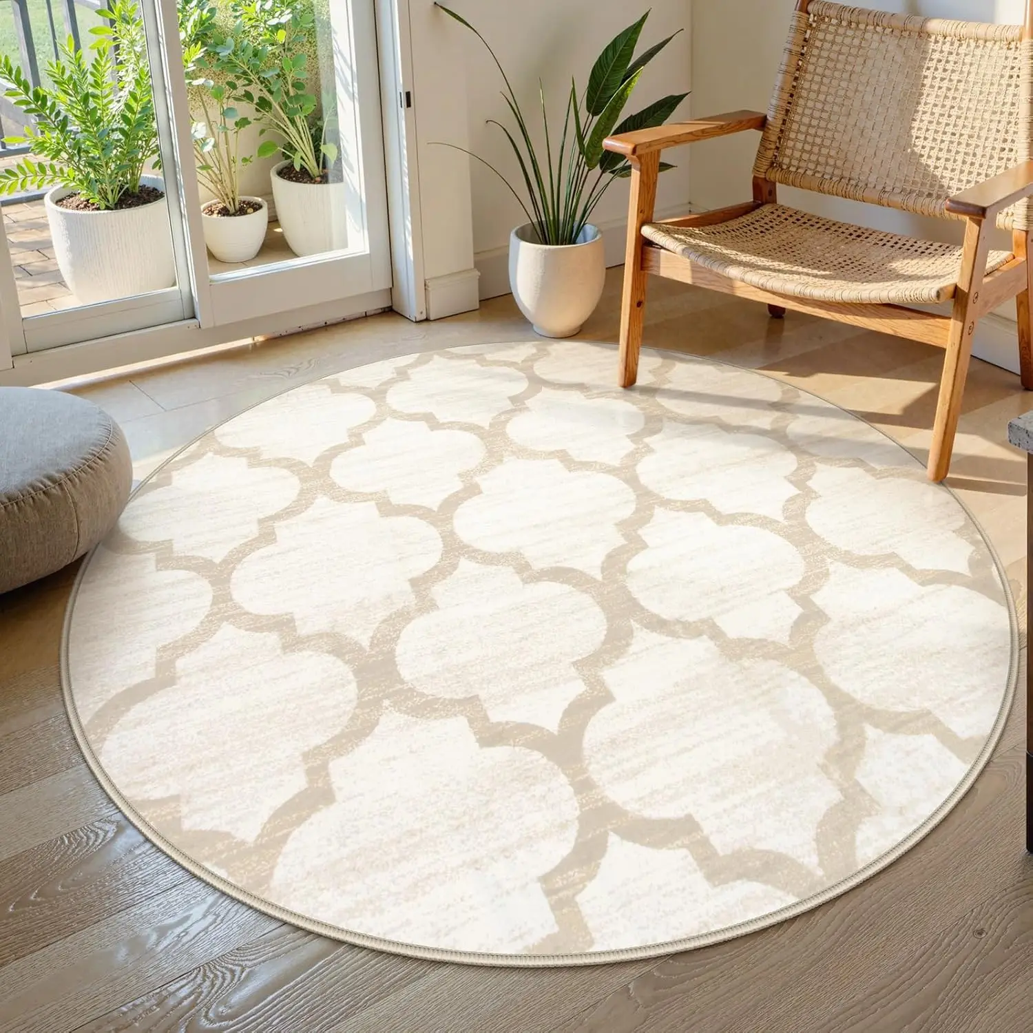 Cream Beige Lattice Round Rug Subtle Moroccan Pattern for Scandinavian Space