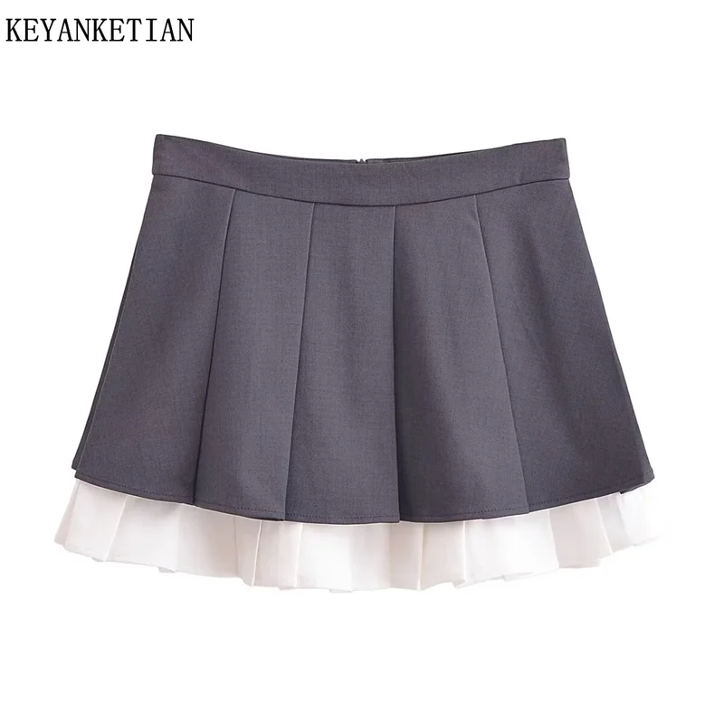 

KEYANKETIAN 2024 New Launch Preppy Style Tiered Ruffles Patchwork Wide Pleated Mini Skirt Women's Back Zipper Gray A-Line Skirt