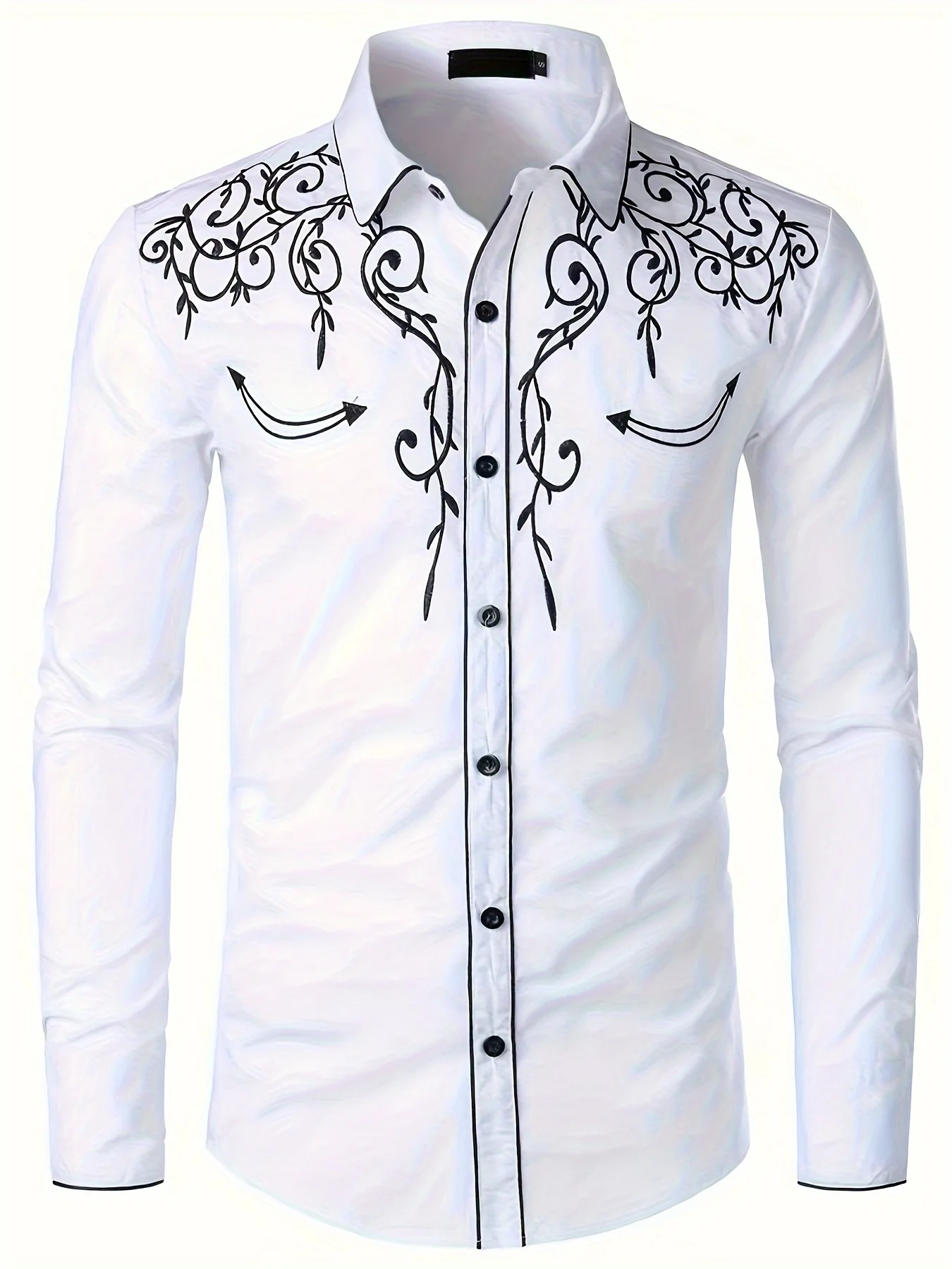 

Men's geometric embroidered pattern print shirt, street style lapel button down slim fit long sleeve shirt, suitable for spring