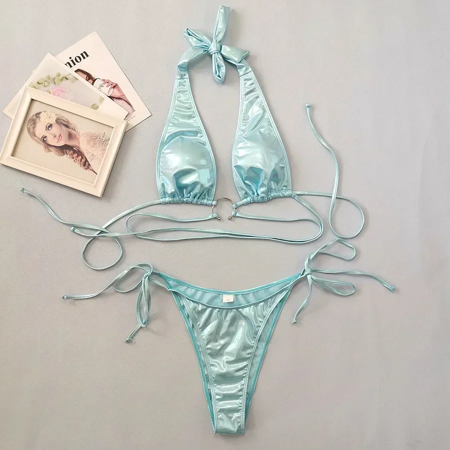

2024 модный блестящий купальник для женщин, голубой яркий кожаный комплект бикини из 2 предметов, сексуальный купальный костюм с высокой талией и вырезами, пляжная одежда