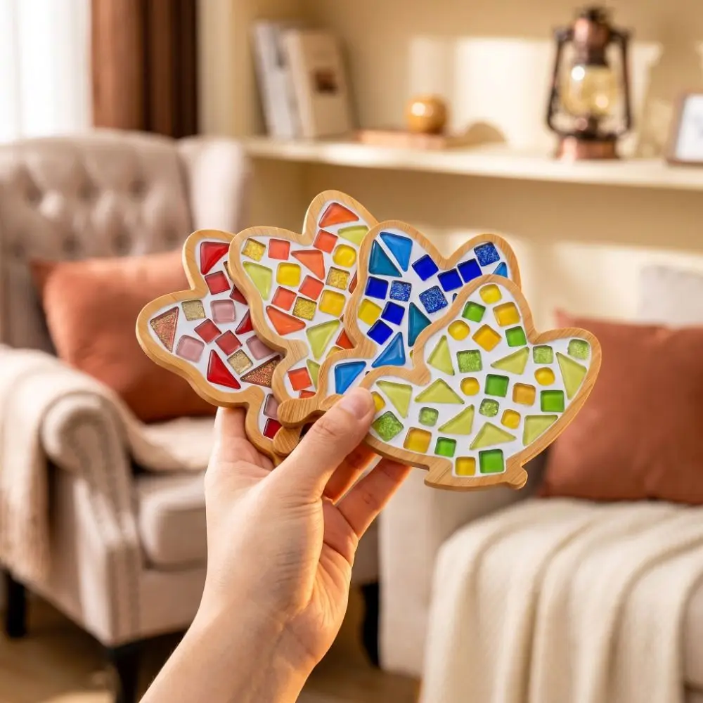 Mixed Color DIY Mosaic Coaster Glass Mosaic Bamboo Drinking Cup Pad Non-Slip Heat-resistant Handmade Drinkware Tray Students