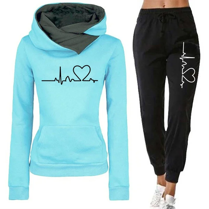 Womens Tracksuit Trend Double Neck Hooded Sweatshirts+Sweatpants 2 Piece Set Heart Printing Casual AutumnWinter Outfits Clothing