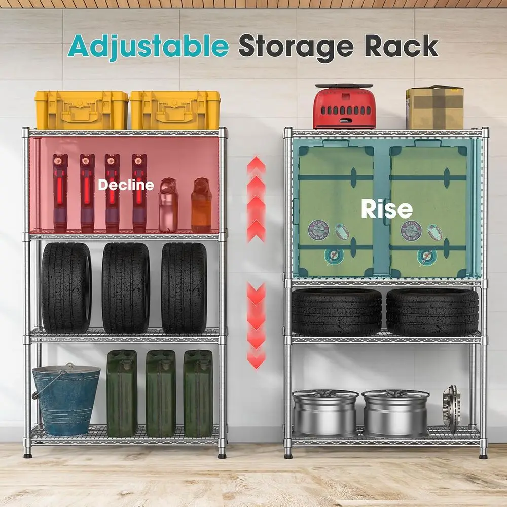 Estante de arame de metal resistente de 4 camadas, unidade de armazenamento resistente ajustável para casa e garagem, comporta até 2200 libras