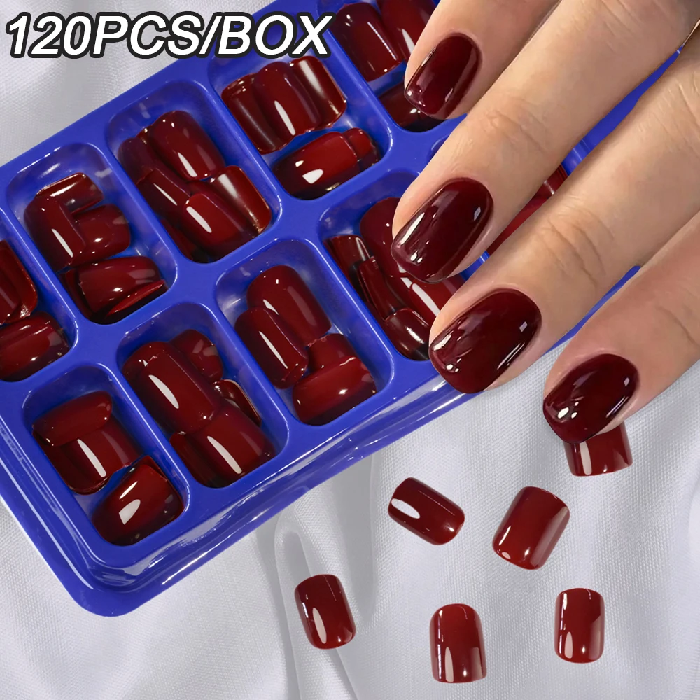 120Pcs Cherry Red Press on Nails False Nails Classic Pure Colors Short Square Acrylic Fake Nails Detachable Full Cover Nail Tips