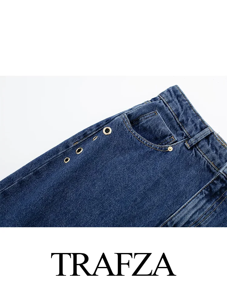 TRAFZA-Jupe Midi en Denim pour Femme, Boutonnière Rivet, Décoration Vintage, Fendue, Taille Haute, Poches, Fermeture Éclair, Mode Féminine