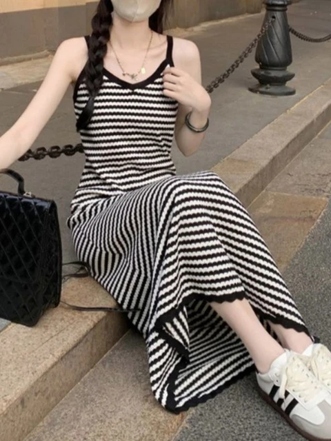 Summer Slimming High Waist V-Ne Wrap Body Lazy Sle Bla Stripe Knitted ter Dr Women Long Dr Trendy