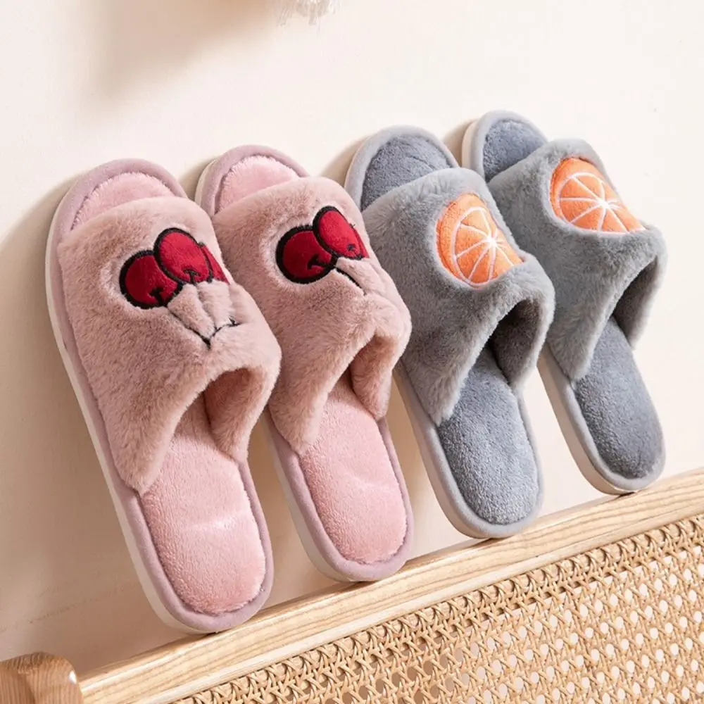 

1Pair Casual Plush Cotton Fruit Fluffy Slippers Embroidered Soft Little Cherry Slippers Open Toe Warm Indoor Footwear Women Men