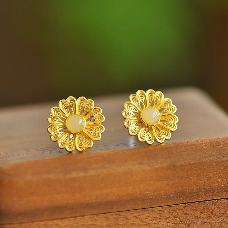 New-Style 925 Silver Gold-Plated Hollow Filigree Inlaid With Hetian Jade Earrings And Ear Studs