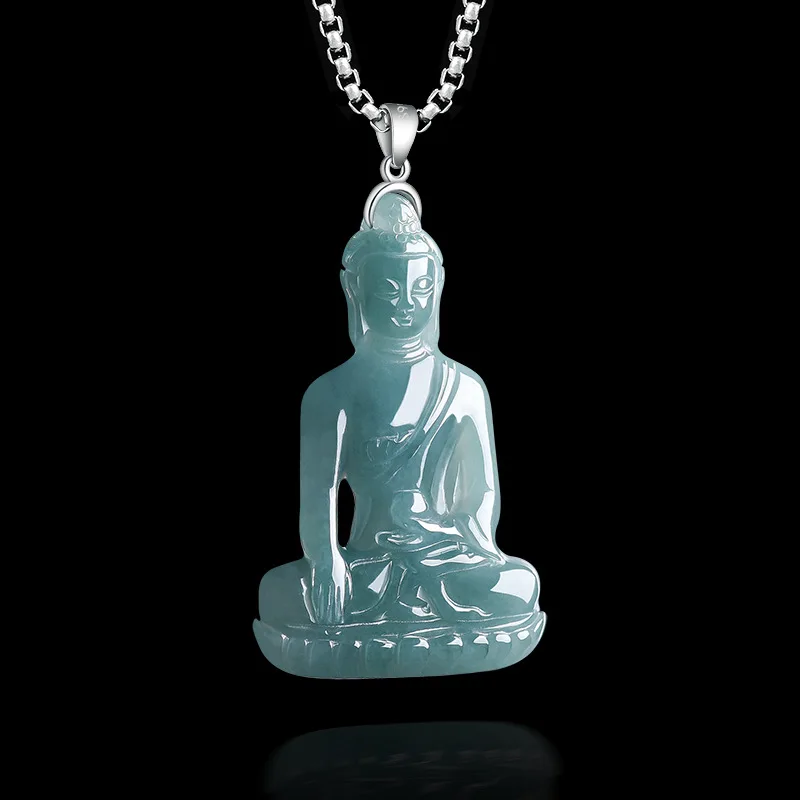 Natural Emerald Blue Water Shakyamuni Southeast Asia Thailand Buddha Statue Necklace Pendant Men and Women Pingan Amulet